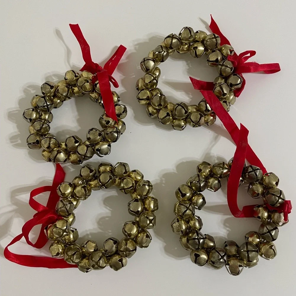 Vintage 90s Set/4 brass sleigh jingle bell Christmas wreaths